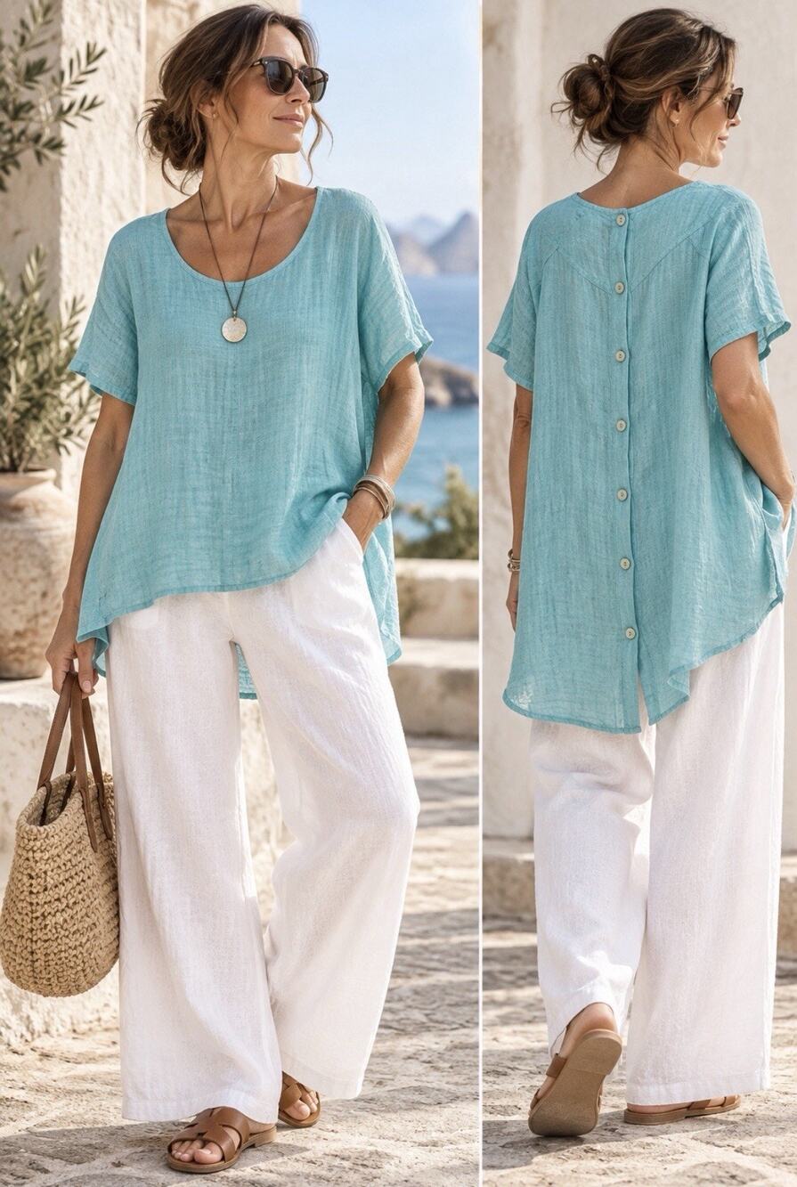 FLAX Linen Tunic Top L Aqua Blue Button Back Textured Lagenlook Lithuania